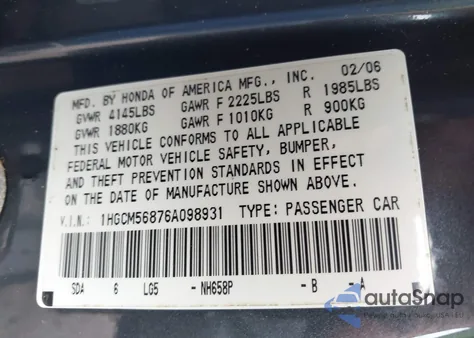 2006 Honda Accord 2.4 Ex из США, поврежденный, VIN 1HGCM56876A098931